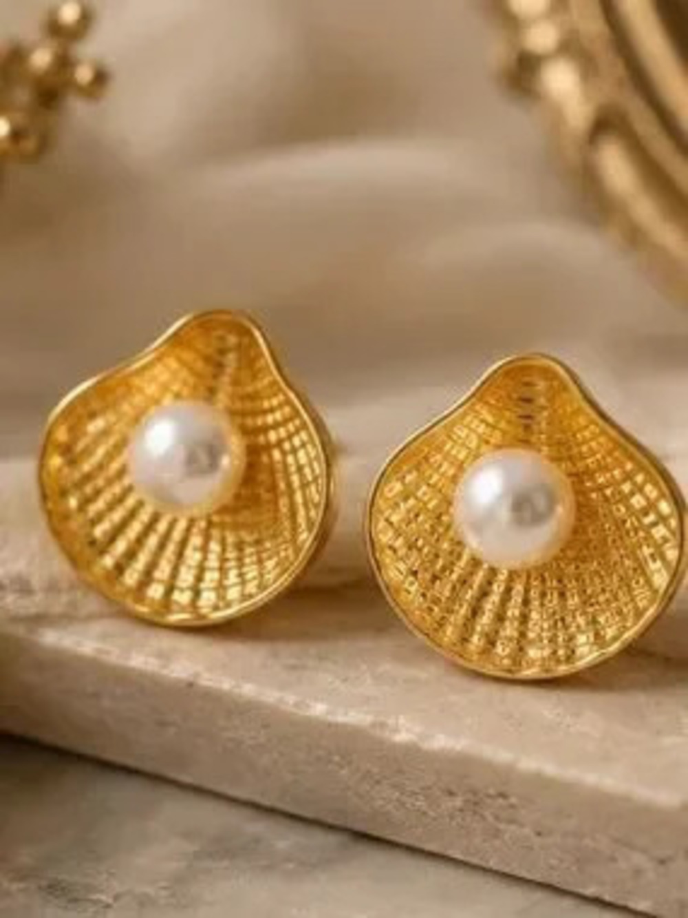 Coastal Golden Seashell Pearl Stud Earrings